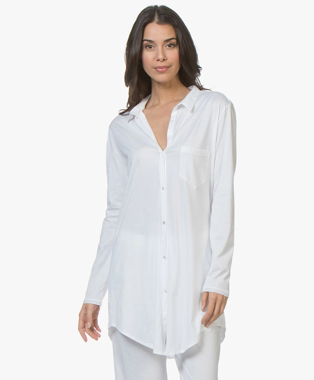 Hanro Cotton Deluxe Jersey Boyfriend Pyjamashirt - Wit 5 Hanro Cotton Deluxe Jersey Boyfriend Pyjamashirt - Wit - Afbeelding 3