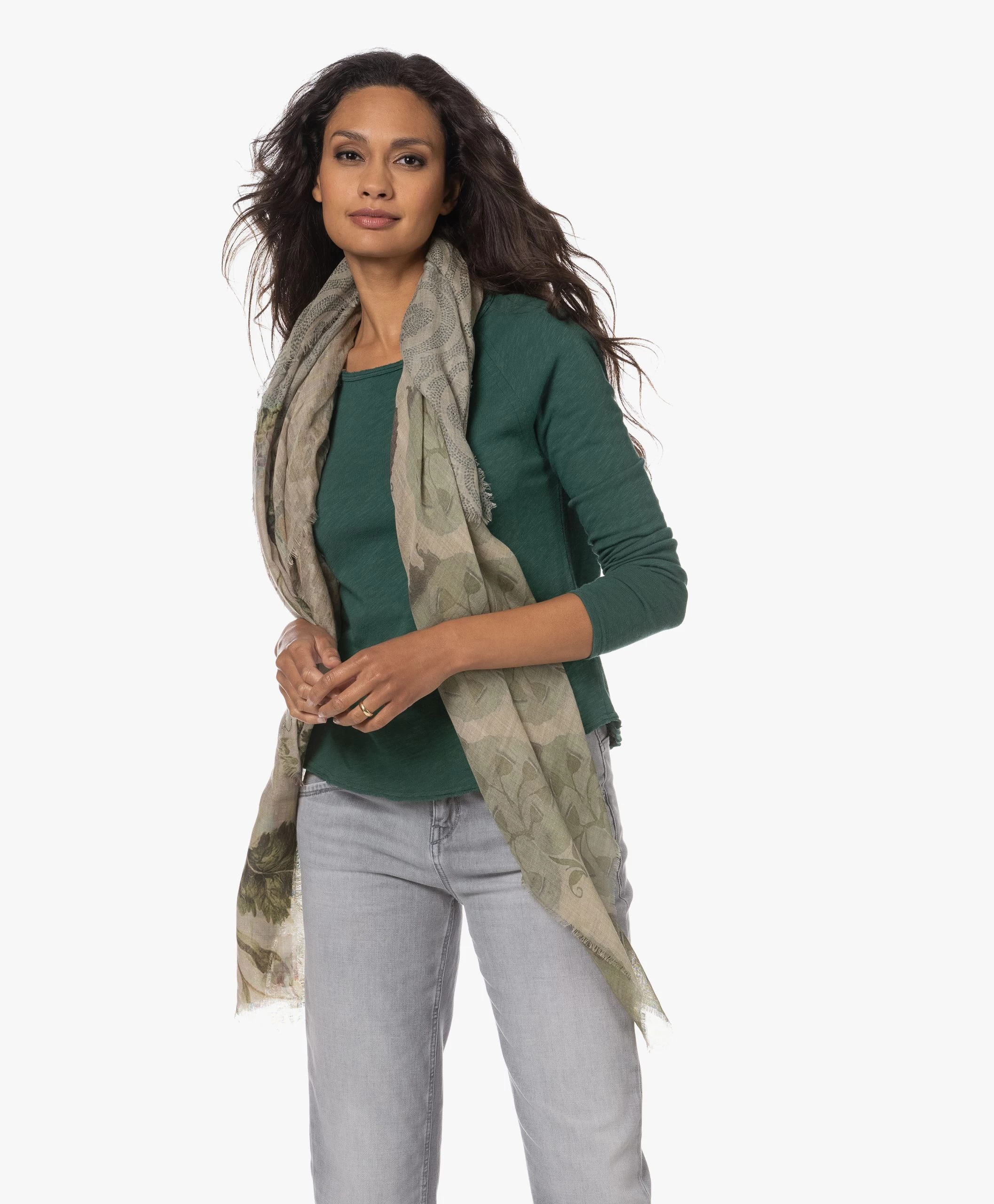 Lasalle Wol-Zijde Multi Print Sjaal - Groen/Beige 3 Lasalle Wol-Zijde Multi Print Sjaal - Groen/Beige